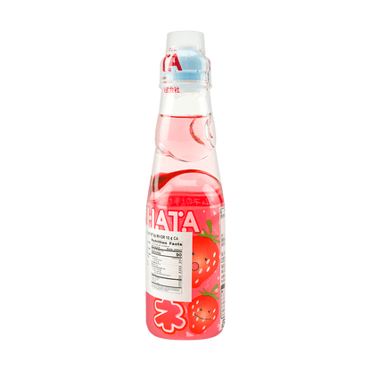 Front view of the HATAKOSEN Strawberry Ramune Soda 6.76 fl oz bottle, showing the sealed marble-stoppered glass bottle with strawberry-themed graphics against a clean white background.