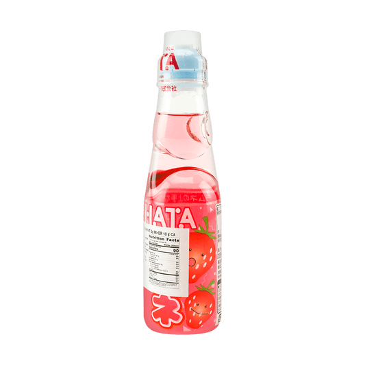 Front view of the HATAKOSEN Strawberry Ramune Soda 6.76 fl oz bottle, showing the sealed marble-stoppered glass bottle with strawberry-themed graphics against a clean white background.