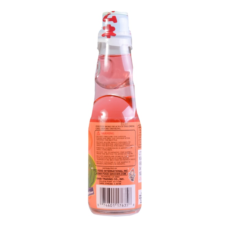 Back view of the HATAKOSEN Watermelon Ramune Soda 6.76 fl oz bottle, displaying product information and label details on the unopened glass bottle against a white background.