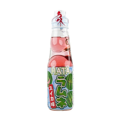 Front view of the HATAKOSEN Watermelon Ramune Soda 6.76 fl oz bottle, showing the sealed marble-stoppered glass bottle with bright watermelon-themed graphics against a clean white background.