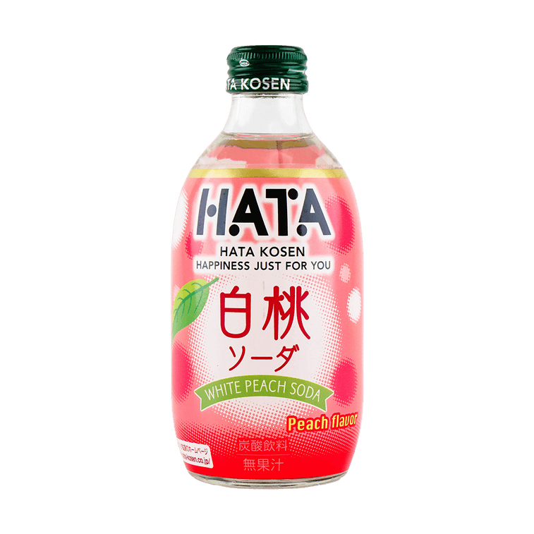Front-facing image of the HATAKOSEN White Peach Flavor Soda 10.14 fl oz plastic bottle, sealed and upright, showing full fruit-themed graphics clearly on a white background.