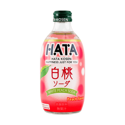 Front-facing image of the HATAKOSEN White Peach Flavor Soda 10.14 fl oz plastic bottle, sealed and upright, showing full fruit-themed graphics clearly on a white background.