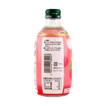 Close-up, straight-on photo of the nutrition facts label from the HATAKOSEN White Peach Flavor Soda bottle, with all printed details clear and readable on a white background.
