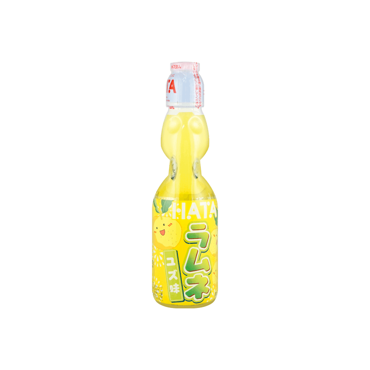 Front view of the HATAKOSEN Yuzu Ramune Soda 6.76 fl oz bottle, showing the sealed marble-stoppered glass bottle with citrus-themed graphics against a clean white background.