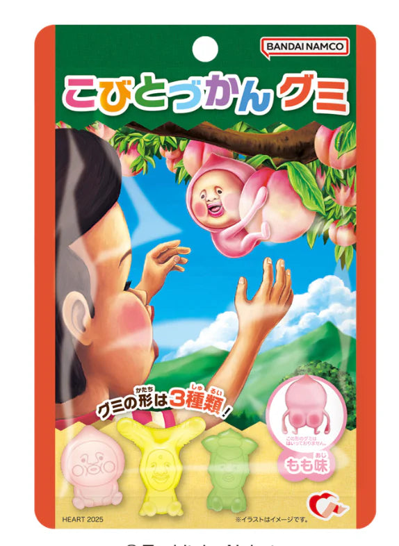 Front-facing portrait image of the HEART Kobito Zukan Gummy Candy 40g bag, sealed and displayed on a clean white background, featuring characters from the Kobito Zukan series.