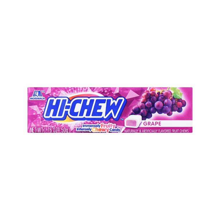 Front view of the HI-CHEW Soft Chewy Fruit Jelly Gummy Candy Grape 50g package, shown in landscape orientation with bold grape-themed graphics on a clean white background.