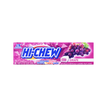 Front view of the HI-CHEW Soft Chewy Fruit Jelly Gummy Candy Grape 50g package, shown in landscape orientation with bold grape-themed graphics on a clean white background.
