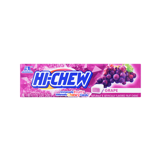 Front view of the HI-CHEW Soft Chewy Fruit Jelly Gummy Candy Grape 50g package, shown in landscape orientation with bold grape-themed graphics on a clean white background.