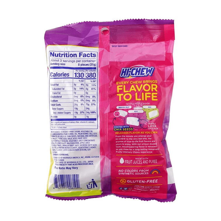 Back view of the HI-CHEW Superfruits Mix Jelly Gummy Candy 90g bag, displaying product details, ingredients, and branding on the unopened package over a white background.