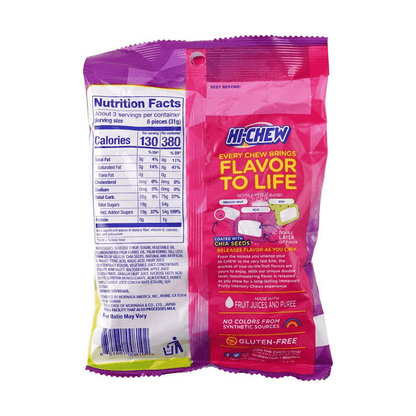 Back view of the HI-CHEW Superfruits Mix Jelly Gummy Candy 90g bag, displaying product details, ingredients, and branding on the unopened package over a white background.