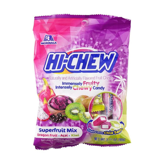Front view of the HI-CHEW Superfruits Mix Jelly Gummy Candy 90g bag, showing the sealed package with colorful exotic fruit graphics against a clean white background.