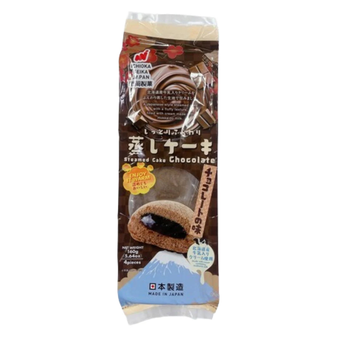 Front-facing view of the Ichioka Seika Chocolate Cream Steamed Cake pack containing four pieces, sealed and displayed upright against a clean white background in portrait orientation.