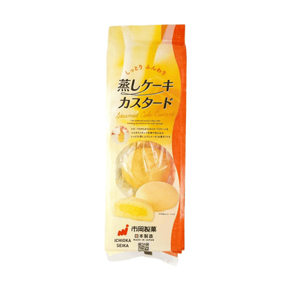 Front-facing portrait view of the Ichioka Seika Custard Cream Steamed Cake 4-piece pack, sealed and displayed against a clean white background