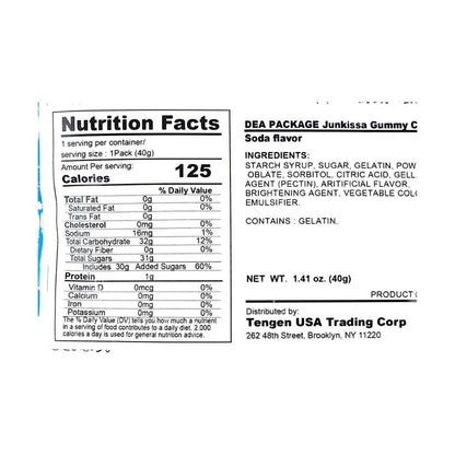 Straight-on close-up of the nutrition label from the Idea Package Junkissa Gummy Cream Soda Flavor 1.41 oz pouch, clearly displayed on a white background.