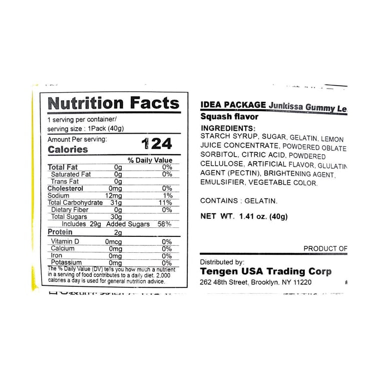 Straight-on close-up of the nutrition label from the Idea Package Junkissa Gummy Lemon Squash Flavor 1.41 oz pouch, clear and isolated on a white background.