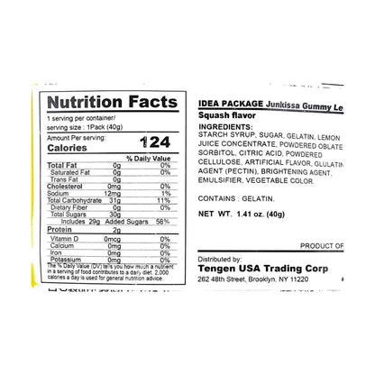 Straight-on close-up of the nutrition label from the Idea Package Junkissa Gummy Lemon Squash Flavor 1.41 oz pouch, clear and isolated on a white background.