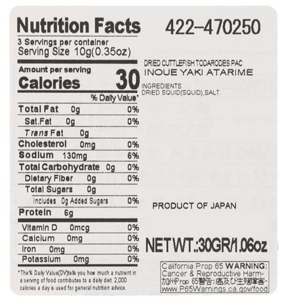 A zoomed-in close-up of the nutrition label on the INOUE FOODS Fried Squid 1.06 oz package, clearly shown against a white background.