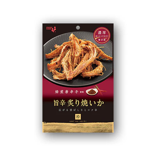 Front view of the INOUE Grilled Dried Squid Spicy 34g package, shown sealed and upright in portrait orientation against a clean white background.