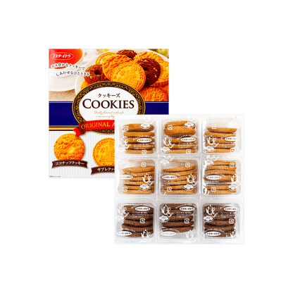 Front-facing image of the ITO Seika Original Assort Cookies box alongside some cookies shown outside the box, arranged neatly against a white background.