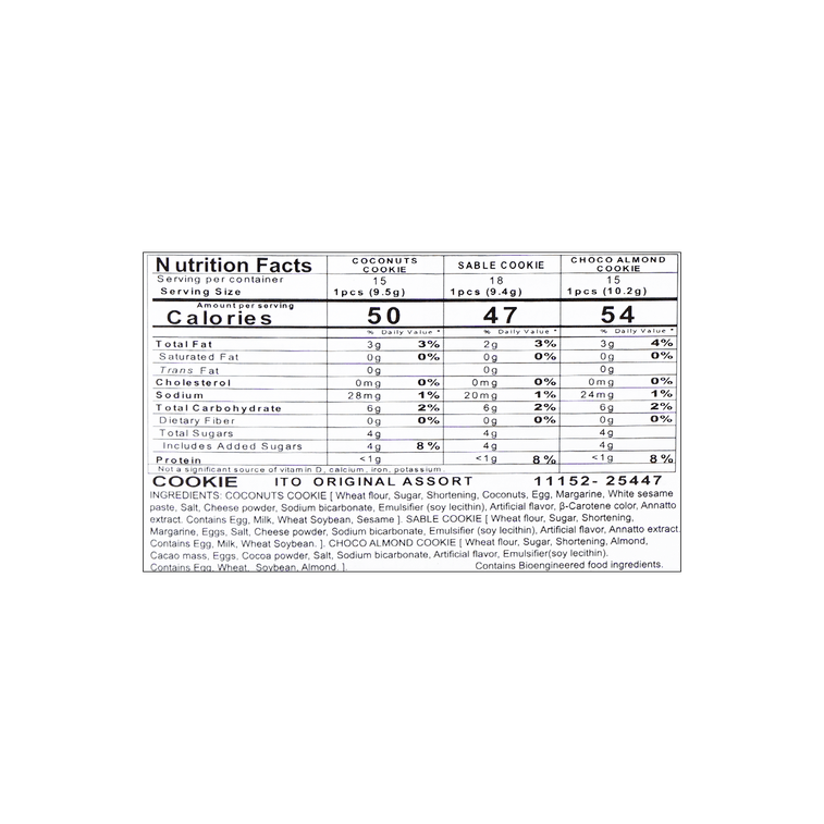 Close-up image of the nutrition label from the ITO Seika Original Assort Cookies packaging, clearly showing nutritional information.