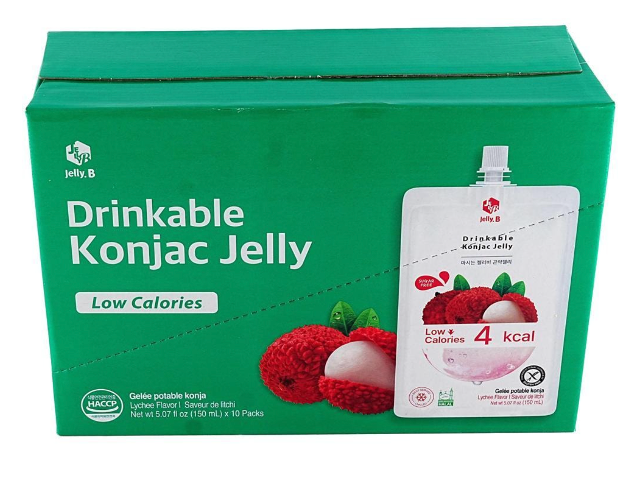 Front-facing view of the unopened JELLY.B Lychee Konjac Jelly box, shown upright on a white background with clear lychee-themed graphics and product details.