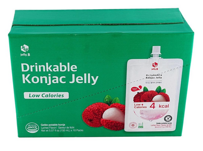 Front-facing view of the unopened JELLY.B Lychee Konjac Jelly box, shown upright on a white background with clear lychee-themed graphics and product details.