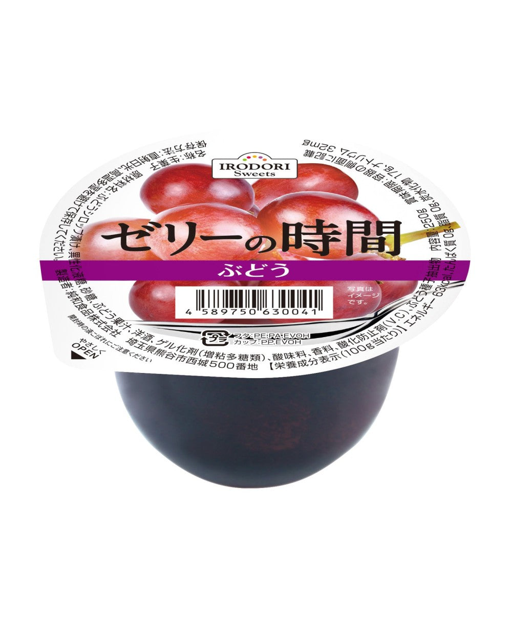 Front-facing portrait image of the JUNWA FOOD Jelly No Tokimeki Grape Jelly 250g bag, shown sealed and upright against a clean white background.