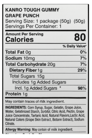 Close-up photo of the nutrition label from the KABAYA Tough Gummy Dual Grape Punch Flavor 100g package, showing full nutritional facts and ingredient information clearly.