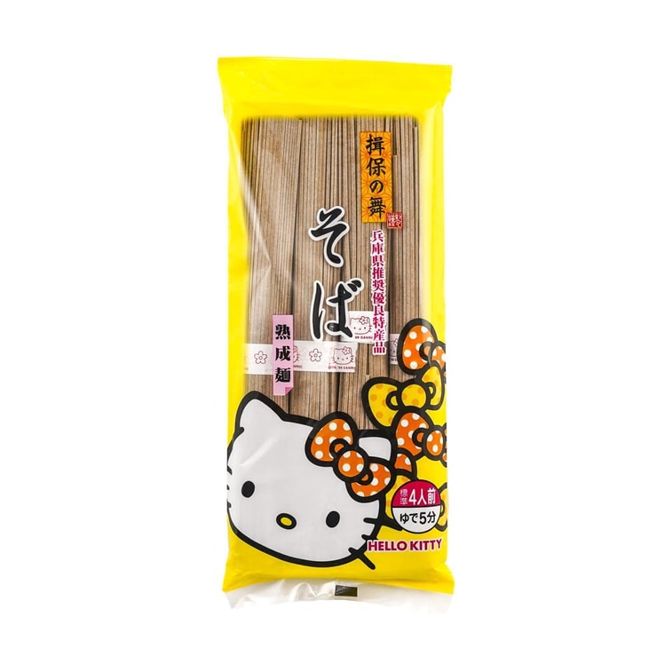 Front-facing view of the Kanesu Seimen Hello Kitty Ibo-Nomai Soba Noodle 11.29 oz bag, shown upright with full Hello Kitty graphics on a clean white background.