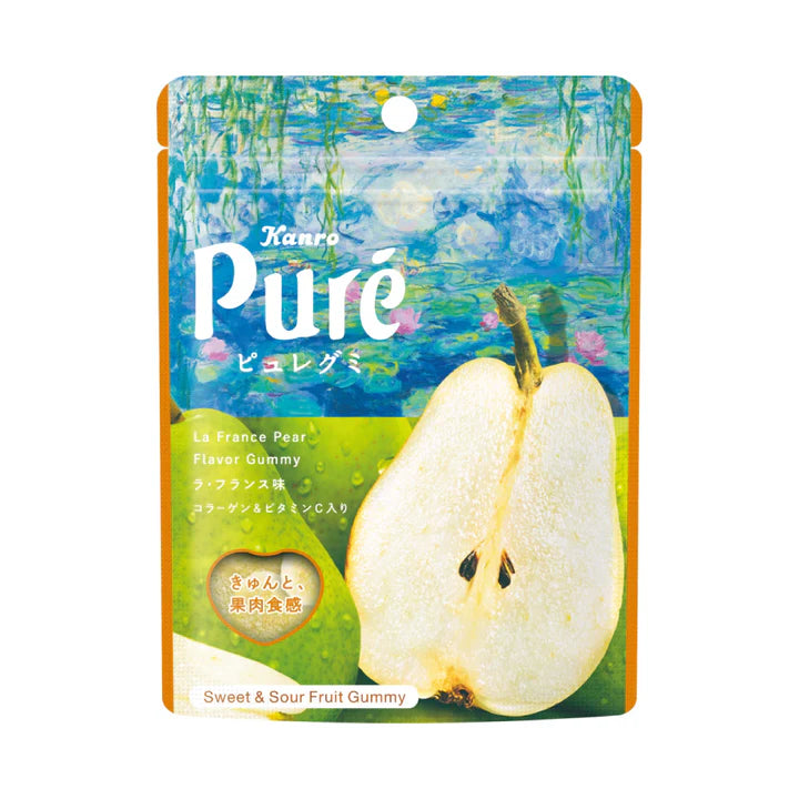 Front view of the Kanro Pure Gummy La France Flavor pouch, sealed and standing upright against a clean white background.