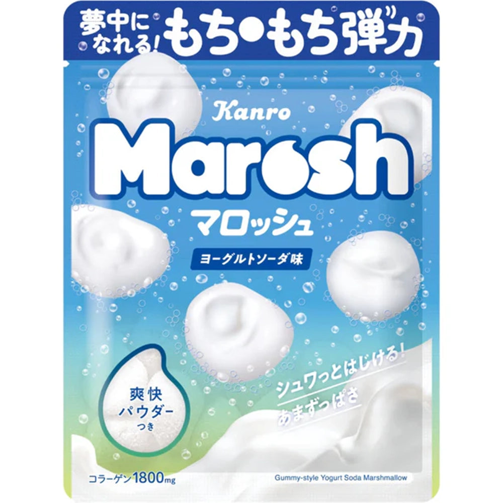 Front-facing portrait image of the KANRO Marosh Yogurt Soda Flavor Gummy Candy 50g pouch, shown closed and upright on a clean white background.