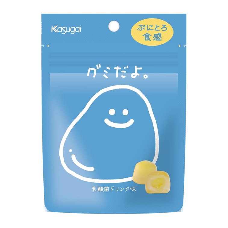 Front-facing portrait image of KASUGAI Gummy Lactic Acid Drink Flavor 60g pouch, closed and laid flat, showing the entire front with clear graphics, no reflection, on a white background.