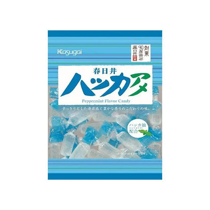 Front-facing sealed blue bag of Kasugai Hakka Ame Peppermint Candy with individually wrapped mints visible through the packaging, photographed against a white background.