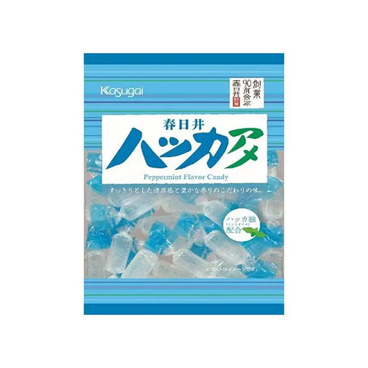 Front-facing sealed blue bag of Kasugai Hakka Ame Peppermint Candy with individually wrapped mints visible through the packaging, photographed against a white background.