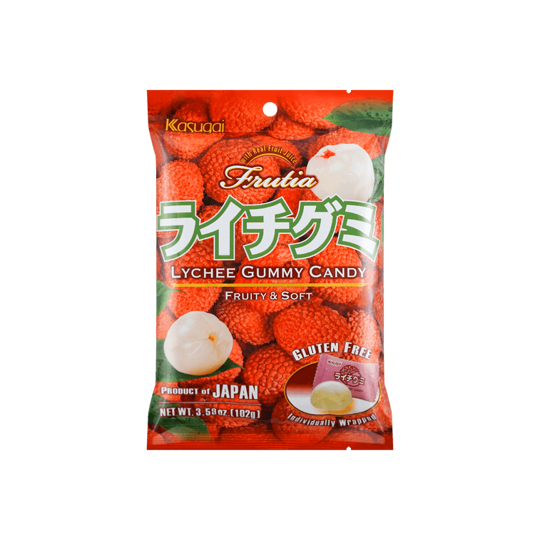 Front-facing image of the KASUGAI Lychee Gummy Candy bag, sealed and upright with lychee-themed visuals displayed on a clean white background.