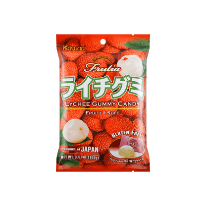 Front-facing image of the KASUGAI Lychee Gummy Candy bag, sealed and upright with lychee-themed visuals displayed on a clean white background.