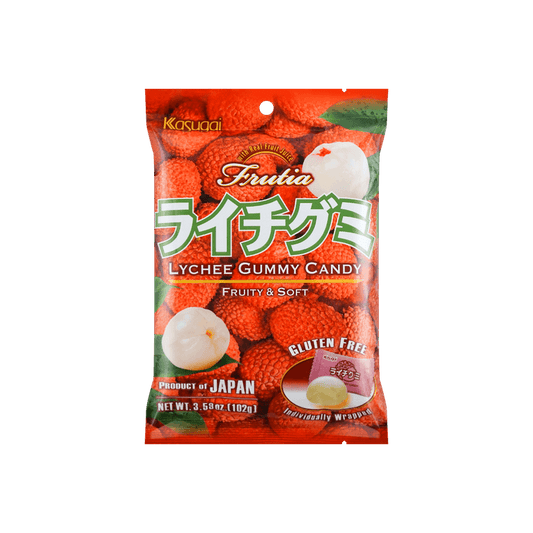 Front-facing image of the KASUGAI Lychee Gummy Candy bag, sealed and upright with lychee-themed visuals displayed on a clean white background.