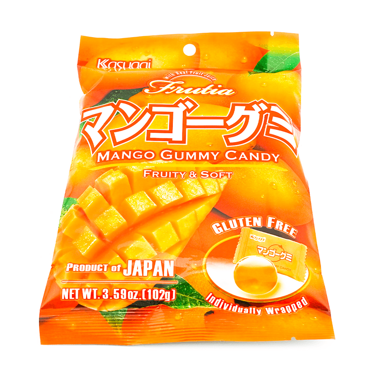 A flat-angle portrait image of the closed KASUGAI Frutia Mango Gummy Candy 102g bag lying on a white background.