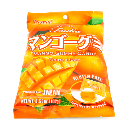 A flat-angle portrait image of the closed KASUGAI Frutia Mango Gummy Candy 102g bag lying on a white background.