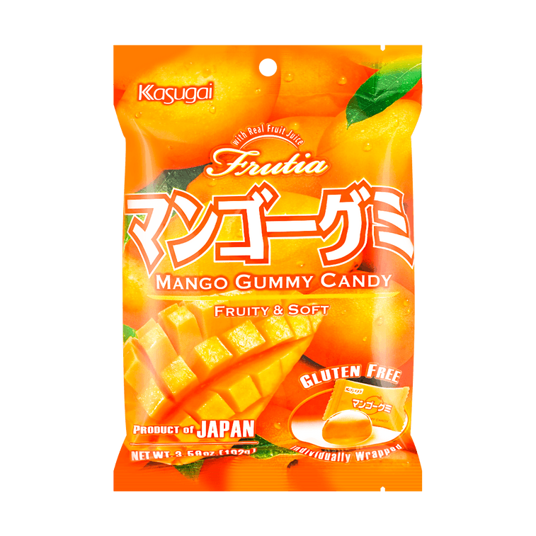 A front-facing portrait image of the sealed KASUGAI Frutia Mango Gummy Candy 102g bag displayed against a clean white background.