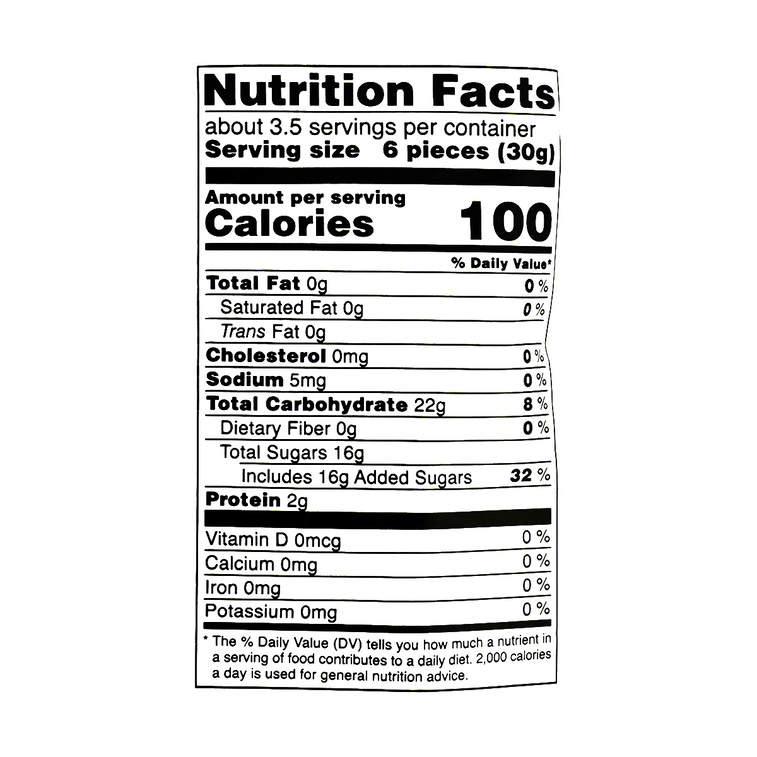 A full close-up photo of the nutrition label from the KASUGAI Frutia Mango Gummy Candy package, captured clearly for readability.