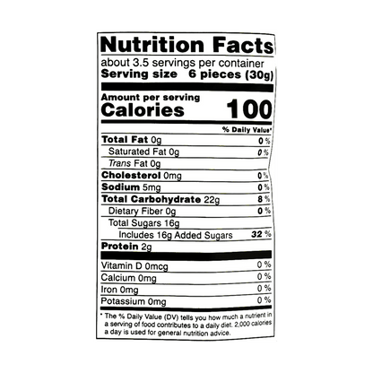 A full close-up photo of the nutrition label from the KASUGAI Frutia Mango Gummy Candy package, captured clearly for readability.