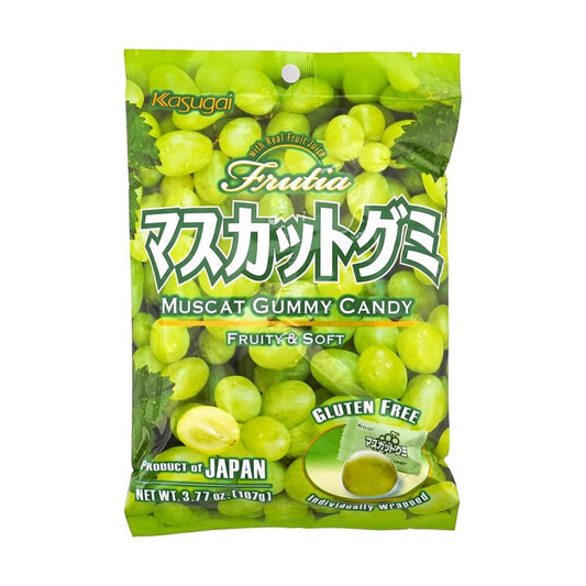 A front-facing portrait image of the KASUGAI Frutia Muscat Gummy Candy 107g bag, sealed and standing against a clean white background.