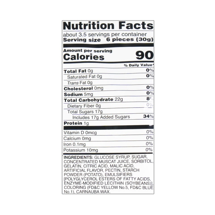 A close-up image of the nutrition facts label from the KASUGAI Frutia Muscat Gummy Candy package, captured clearly and fully.