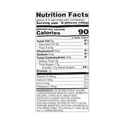 A close-up image of the nutrition facts label from the KASUGAI Frutia Muscat Gummy Candy package, captured clearly and fully.