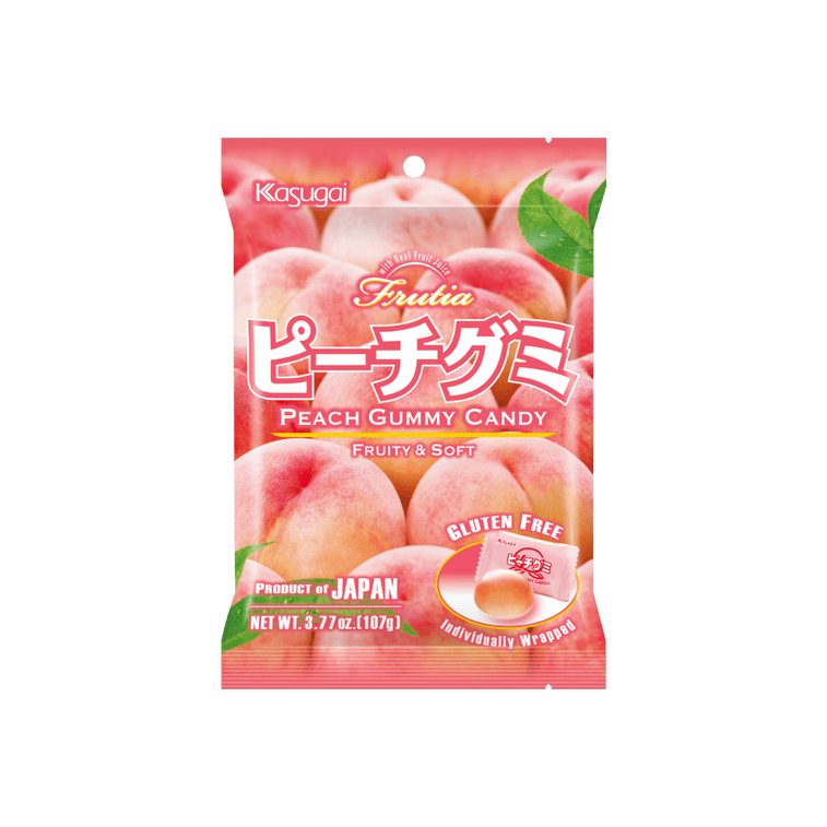 Front-facing image of the KASUGAI Peach Gummy Candy bag, sealed and upright with vibrant peach graphics displayed on a clean white background.