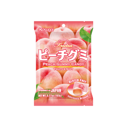 Front-facing image of the KASUGAI Peach Gummy Candy bag, sealed and upright with vibrant peach graphics displayed on a clean white background.