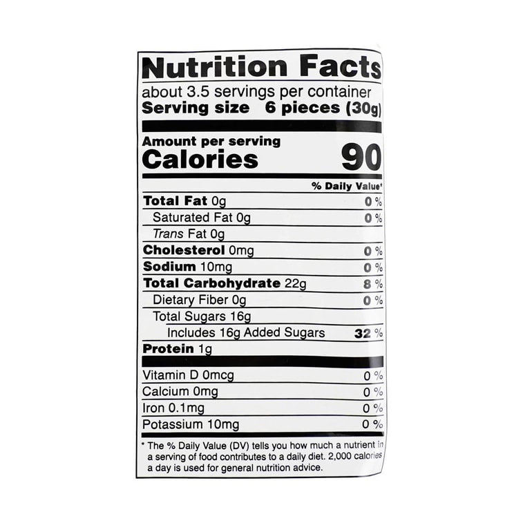 Close-up shot of the KASUGAI Peach Gummy Candy nutrition, captured clearly for easy readability.