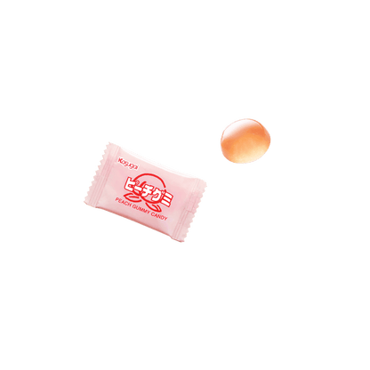 KASUGAI Peach Gummy Candy displayed on a white plate with individual gummies showing their soft, chewy texture outside the packaging.