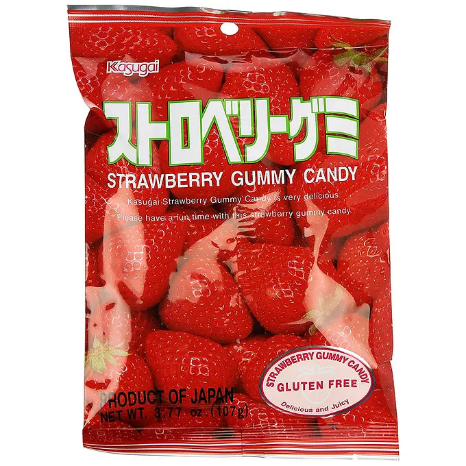 Front-facing image of the KASUGAI Frutia Strawberry Gummy Candy bag, sealed and upright with bright strawberry-themed graphics shown against a clean white background.